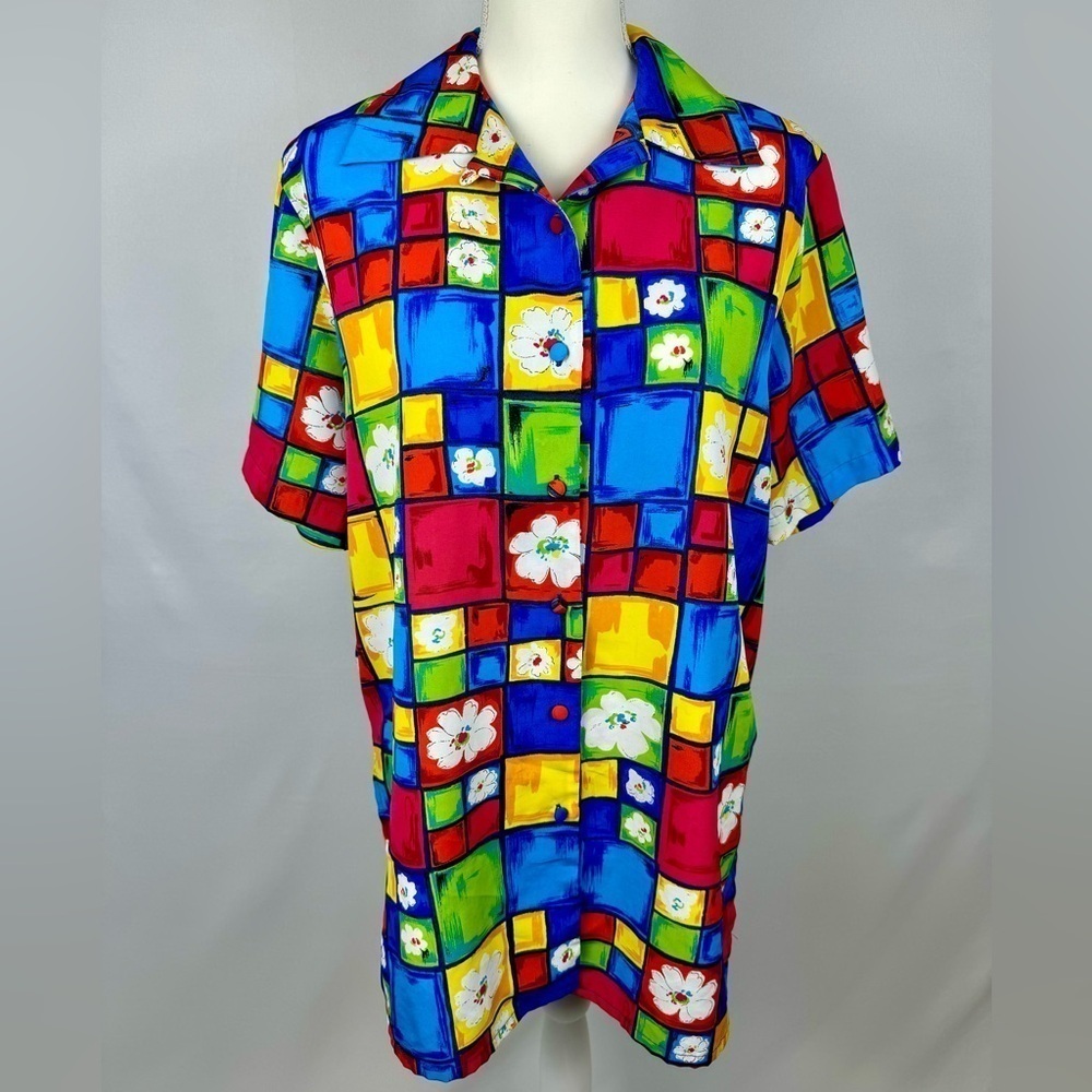 Vintage Jordan Short Sleeve Blouse Button Up Colorful Floral Print Medium Artsy - Picture 2 of 10